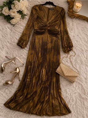 MARINA Metallic Gold Pleated Midi Dress